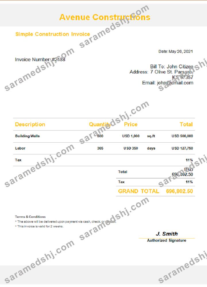 USA Avenue Constructions invoice